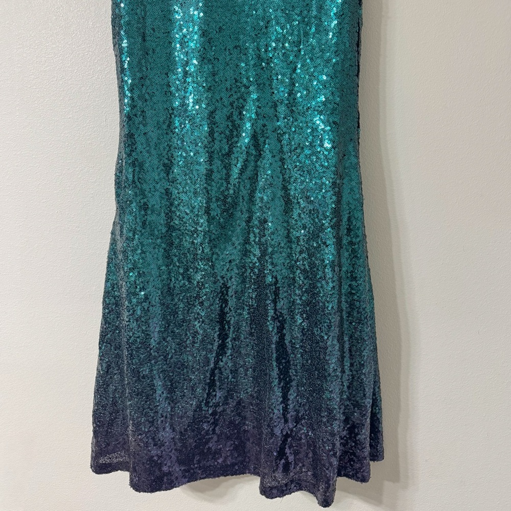 Emerald Navy Ombre Sequin Mermaid Gown w/ Beaded Shoulder Fringe – Formal Dress - Picture 6 of 9